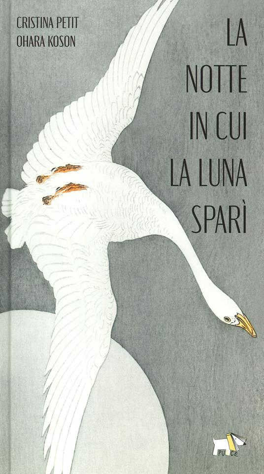 Copertina sfondo grigio con disegnato un grande cigno bianco che vola a pancia in su e in basso a sinistra la luna.