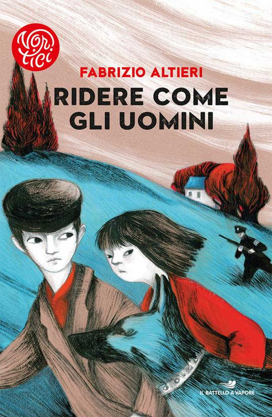 Disegno di un ragazzo e una ragazza con un cane che camminano su una collina, guardandosi alle spalle. Sullo sfondo un militare vestito di nero con un mitra in mano. Ancora dietro una casa e dei cipressi.